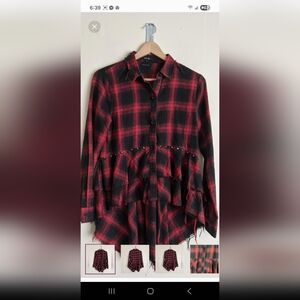 Miss Me Red Plaid Long Sleeve Button Down Ruffle Hem Shirt – Size S